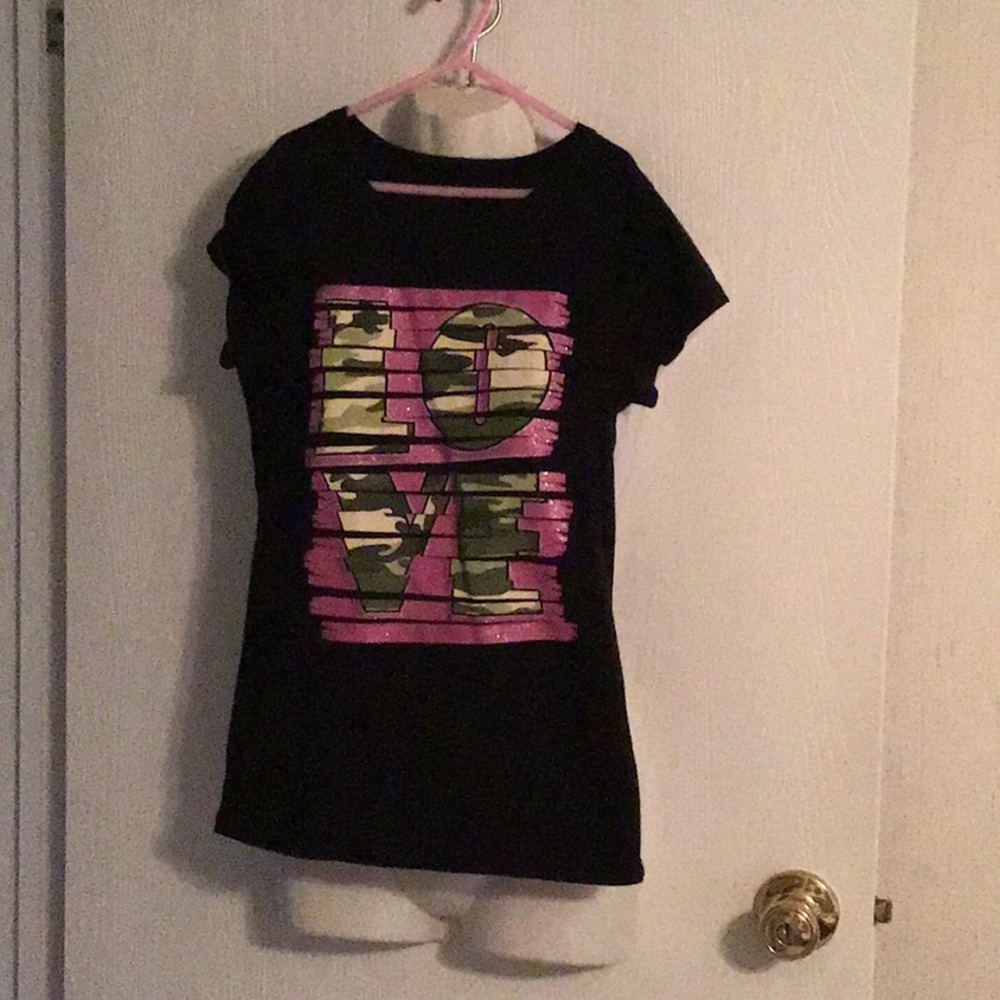 Shirt LOVE black & Camouflage pink letters. 14/16 short sleeves nice sum…